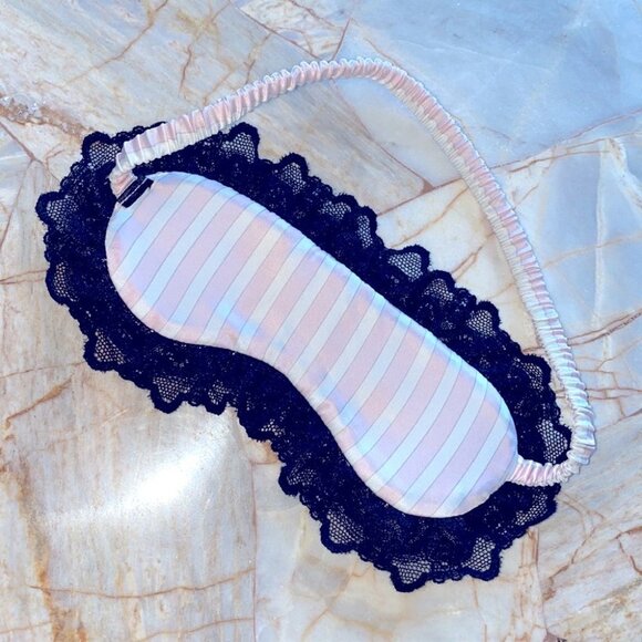 Victorias Secret “No Peeking” blindfold Silky Sleep Mask Pink Stripe Lace Trim - Picture 5 of 6